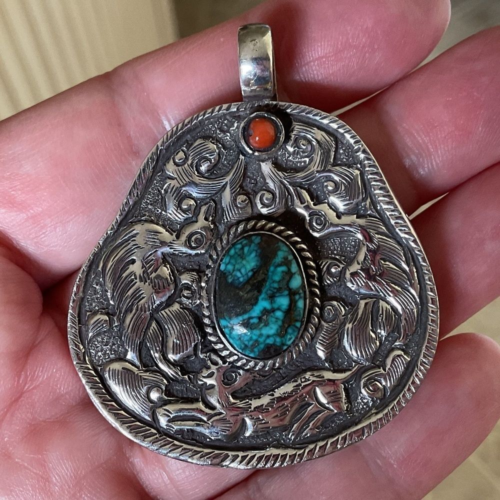 Turquoise and Coral Silver Pendant Necklace - Blue & Orange Stone Accent
